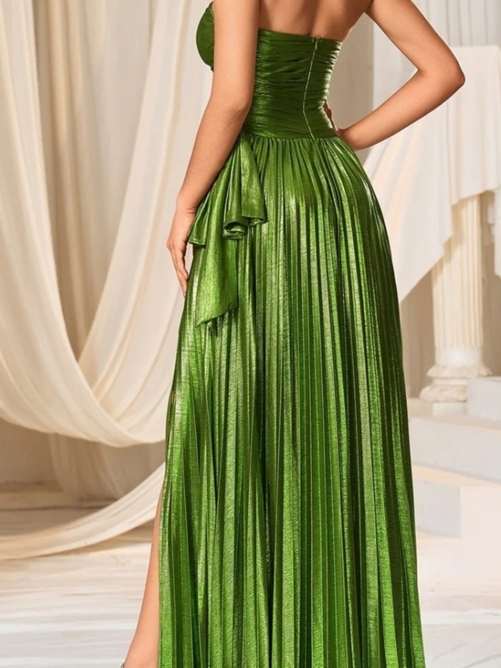 NWOT FAEREISTY Metallic Green Ruched Bodice Pleated Hem Formal Dress Size XS - Picture 3 of 12